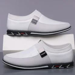 Men's White Crocodile Embossed Faux LeatherSlip-On Loafers with Decorative Buckle - Stylish Casual Shoes for Business and Formal Occasions