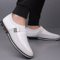 Men's White Crocodile Embossed Faux LeatherSlip-On Loafers with Decorative Buckle - Stylish Casual Shoes for Business and Formal Occasions