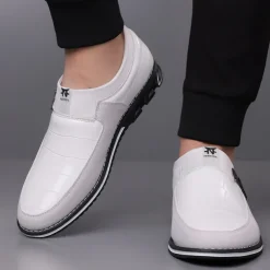 Men's White Crocodile Embossed Faux LeatherSlip-On Loafers with Decorative Buckle - Stylish Casual Shoes for Business and Formal Occasions