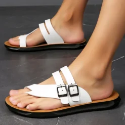 Men's White Faux Leather Buckle Strap Flip-Flop Sandals with Ergonomic Footbed, Casual Toe Loop Slides for Beach Vacation or Daily Summer Wear