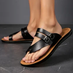 Men's White Faux Leather Buckle Strap Flip-Flop Sandals with Ergonomic Footbed, Casual Toe Loop Slides for Beach Vacation or Daily Summer Wear