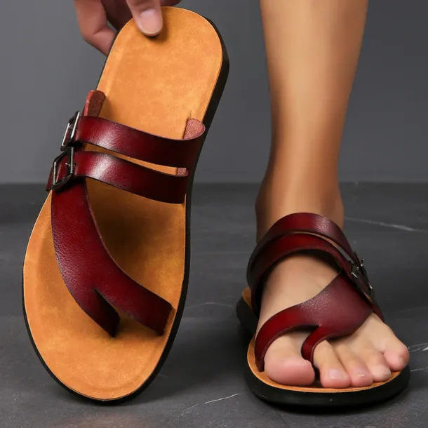 Men's White Faux Leather Buckle Strap Flip-Flop Sandals with Ergonomic Footbed, Casual Toe Loop Slides for Beach Vacation or Daily Summer Wear