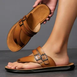 Men's White Faux Leather Buckle Strap Flip-Flop Sandals with Ergonomic Footbed, Casual Toe Loop Slides for Beach Vacation or Daily Summer Wear