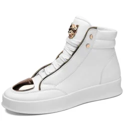 Men's White High-Top Sneakers with Gold Metallic Accents and Zipper Detailing - Luxury Streetwear Fashion Shoes