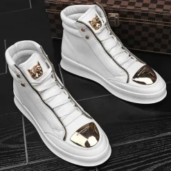 Men's White High-Top Sneakers with Gold Metallic Accents and Zipper Detailing - Luxury Streetwear Fashion Shoes