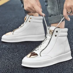 Men's White High-Top Sneakers with Gold Metallic Accents and Zipper Detailing - Luxury Streetwear Fashion Shoes