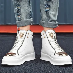 Men's White High-Top Sneakers with Gold Metallic Accents and Zipper Detailing - Luxury Streetwear Fashion Shoes