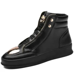 Men's White High-Top Sneakers with Gold Metallic Accents and Zipper Detailing - Luxury Streetwear Fashion Shoes