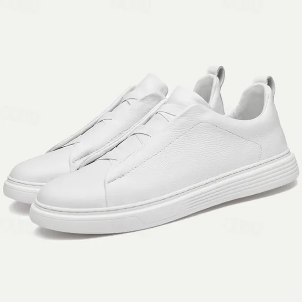 Men's White Leather Slip-On Sneakers – Minimalist Design with Comfortable Sole for Casual Wear