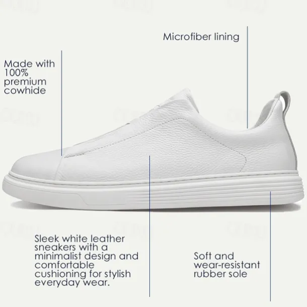 Men's White Leather Slip-On Sneakers – Minimalist Design with Comfortable Sole for Casual Wear