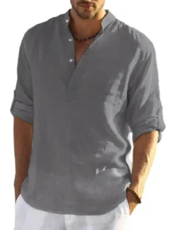 Men's white Linen Shirt Plain V Neck Maroon Black White Army Green Navy Blue Daily Going out Long Sleeve Clothing Apparel Fashion Designer Business Elegant