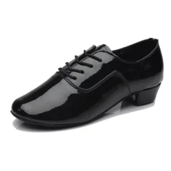 Men's White Patent Leather Lace-Up Dance Shoes – Comfortable Low Heel and Soft Suede Sole for Ballroom and Latin Dance