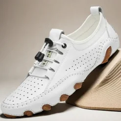 Men's White Perforated Casual Shoes with Hand-Stitched Detailing, Breathable Mesh Upper and Comfortable Slip-On Design