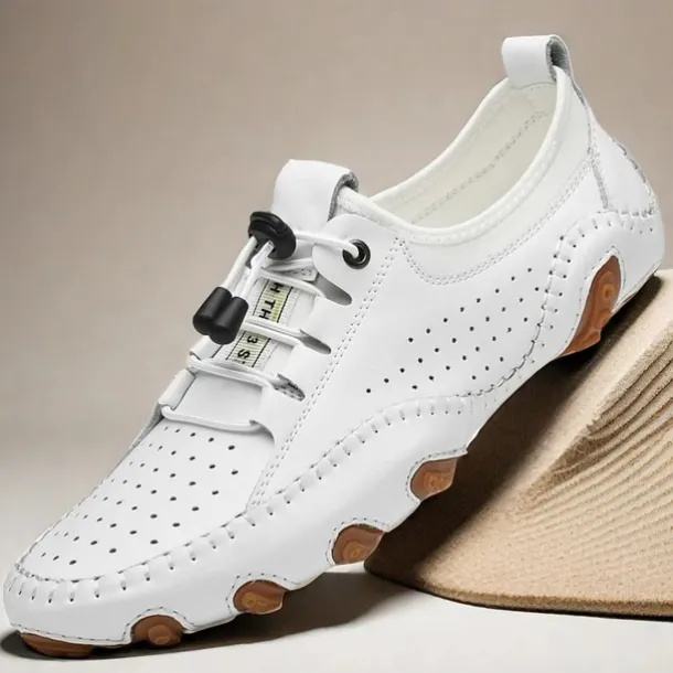 Men's White Perforated Casual Shoes with Hand-Stitched Detailing, Breathable Mesh Upper and Comfortable Slip-On Design