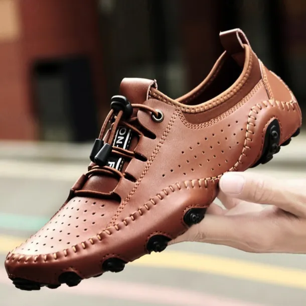 Men's White Perforated Casual Shoes with Hand-Stitched Detailing, Breathable Mesh Upper and Comfortable Slip-On Design