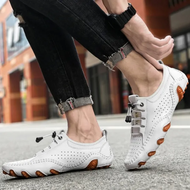 Men's White Perforated Casual Shoes with Hand-Stitched Detailing, Breathable Mesh Upper and Comfortable Slip-On Design