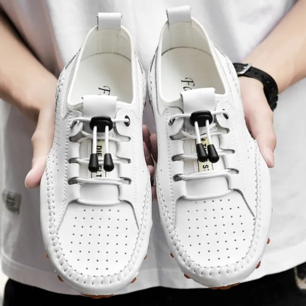 Men's White Perforated Casual Shoes with Hand-Stitched Detailing, Breathable Mesh Upper and Comfortable Slip-On Design