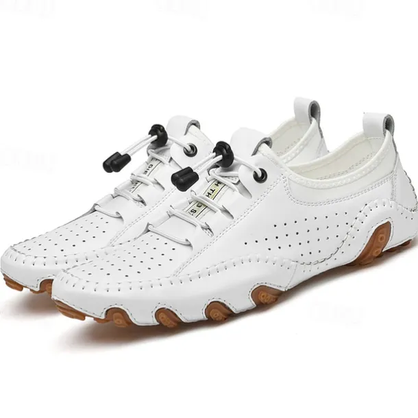 Men's White Perforated Casual Shoes with Hand-Stitched Detailing, Breathable Mesh Upper and Comfortable Slip-On Design