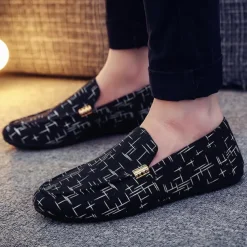 Men's White Printed Slip-On Loafers – Lightweight Casual Canvas Driving Shoes with Rubber Sole for Summer, Travel, and Daily Wear