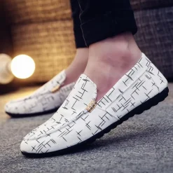 Men's White Printed Slip-On Loafers – Lightweight Casual Canvas Driving Shoes with Rubber Sole for Summer, Travel, and Daily Wear