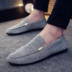 Men's White Printed Slip-On Loafers – Lightweight Casual Canvas Driving Shoes with Rubber Sole for Summer, Travel, and Daily Wear