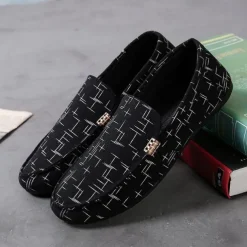 Men's White Printed Slip-On Loafers – Lightweight Casual Canvas Driving Shoes with Rubber Sole for Summer, Travel, and Daily Wear