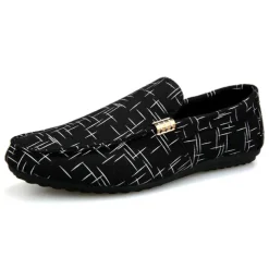 Men's White Printed Slip-On Loafers – Lightweight Casual Canvas Driving Shoes with Rubber Sole for Summer, Travel, and Daily Wear