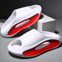 Men's White Slide Sandals with Red Cutout Design – Lightweight and Comfortable Slip-On Footwear for Casual and Summer Wear