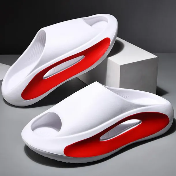 Men's White Slide Sandals with Red Cutout Design – Lightweight and Comfortable Slip-On Footwear for Casual and Summer Wear