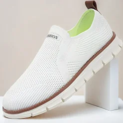 Men's White Slip-On Breathable Knit Sneakers with Lightweight Sole - Casual Walking Shoes for Summer and Everyday Wear