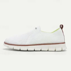 Men's White Slip-On Breathable Knit Sneakers with Lightweight Sole - Casual Walking Shoes for Summer and Everyday Wear
