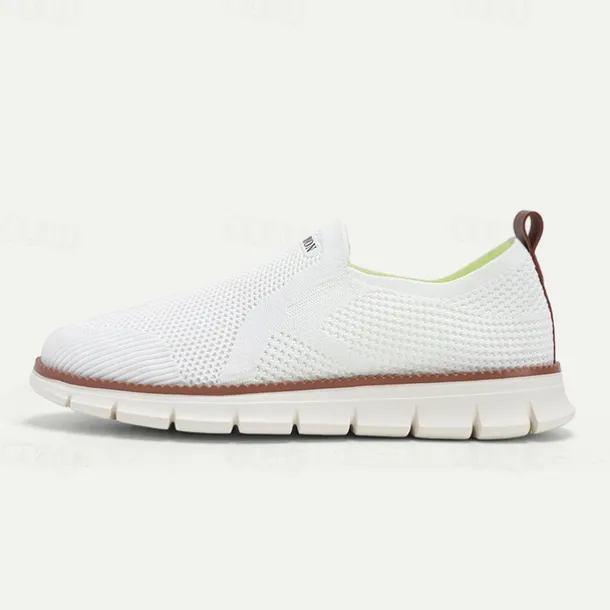 Men's White Slip-On Breathable Knit Sneakers with Lightweight Sole - Casual Walking Shoes for Summer and Everyday Wear