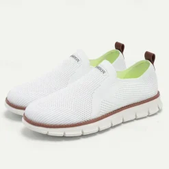 Men's White Slip-On Breathable Knit Sneakers with Lightweight Sole - Casual Walking Shoes for Summer and Everyday Wear