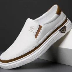 Men's White Slip-On Loafers – Lightweight Faux Leather Shoes with Cushioned Sole for Casual and Everyday Wear