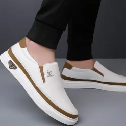 Men's White Slip-On Loafers – Lightweight Faux Leather Shoes with Cushioned Sole for Casual and Everyday Wear