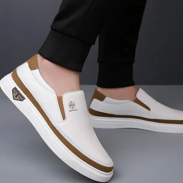 Men's White Slip-On Loafers – Lightweight Faux Leather Shoes with Cushioned Sole for Casual and Everyday Wear