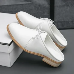 Men's White Slip-On Mule Oxfords - Minimalist Faux Leather Design with Low Heel for Casual and Office Wear