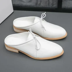 Men's White Slip-On Mule Oxfords - Minimalist Faux Leather Design with Low Heel for Casual and Office Wear