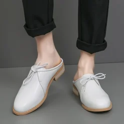 Men's White Slip-On Mule Oxfords - Minimalist Faux Leather Design with Low Heel for Casual and Office Wear