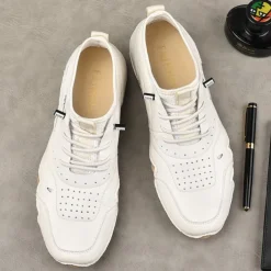 Men's White Sporty Faux Leather Sneakers with Perforated Design, Lightweight and Comfortable, Ideal for Casual and Outdoor Activities