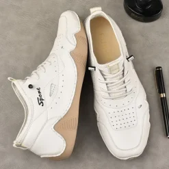 Men's White Sporty Faux Leather Sneakers with Perforated Design, Lightweight and Comfortable, Ideal for Casual and Outdoor Activities