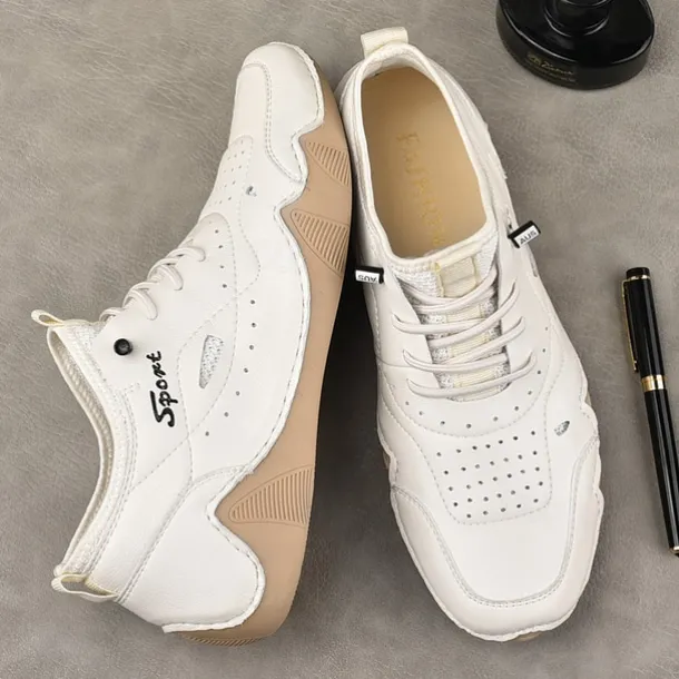 Men's White Sporty Faux Leather Sneakers with Perforated Design, Lightweight and Comfortable, Ideal for Casual and Outdoor Activities