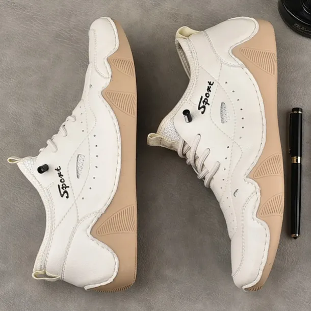 Men's White Sporty Faux Leather Sneakers with Perforated Design, Lightweight and Comfortable, Ideal for Casual and Outdoor Activities