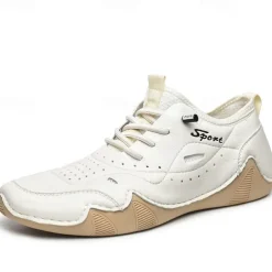 Men's White Sporty Faux Leather Sneakers with Perforated Design, Lightweight and Comfortable, Ideal for Casual and Outdoor Activities