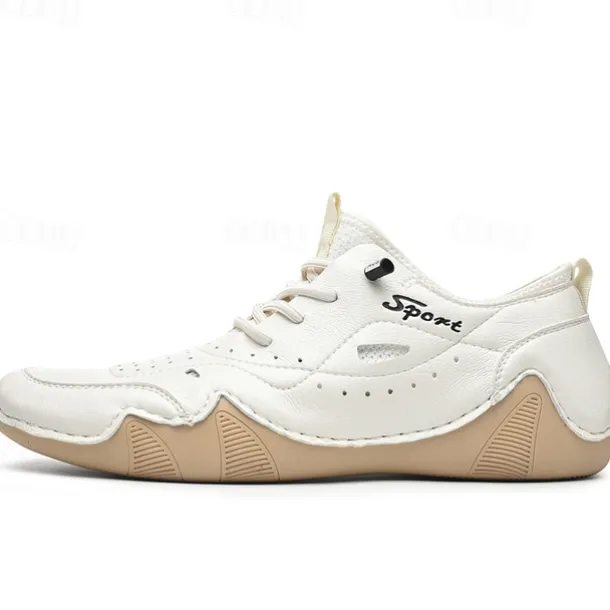 Men's White Sporty Faux Leather Sneakers with Perforated Design, Lightweight and Comfortable, Ideal for Casual and Outdoor Activities