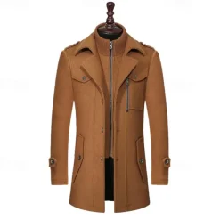 Men's Windbreaker Wool Coat Trench Coat Daily Vacation Fall & Winter Wool Thermal Warm Windproof Outerwear Clothing Apparel Fashion Classic Plain Pocket Lapel Single Breasted