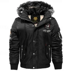 Men's Winter Coat Fleece Jacket Parka Pocket Fleece Polyster Fleece lined Daily Wear Date Vacation Regular Fashion Casual Comfortable Thermal Warm Fall & Winter Letter Black Red Blue Puffer Jacket