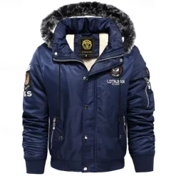 Men's Winter Coat Fleece Jacket Parka Pocket Fleece Polyster Fleece lined Daily Wear Date Vacation Regular Fashion Casual Comfortable Thermal Warm Fall & Winter Letter Black Red Blue Puffer Jacket