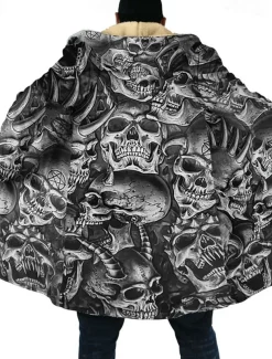 Men's Winter Coat Fleece Jacket Coat Sports & Outdoor Daily Wear Warm Breathable Zipper Pocket Fall & Winter Skull Fashion Streetwear Hoodie Long Regular Fit Black Jacket