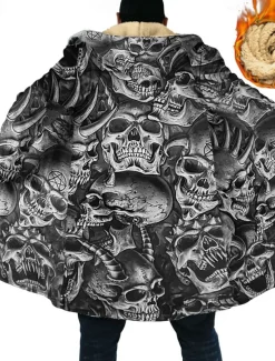 Men's Winter Coat Fleece Jacket Coat Sports & Outdoor Daily Wear Warm Breathable Zipper Pocket Fall & Winter Skull Fashion Streetwear Hoodie Long Regular Fit Black Jacket